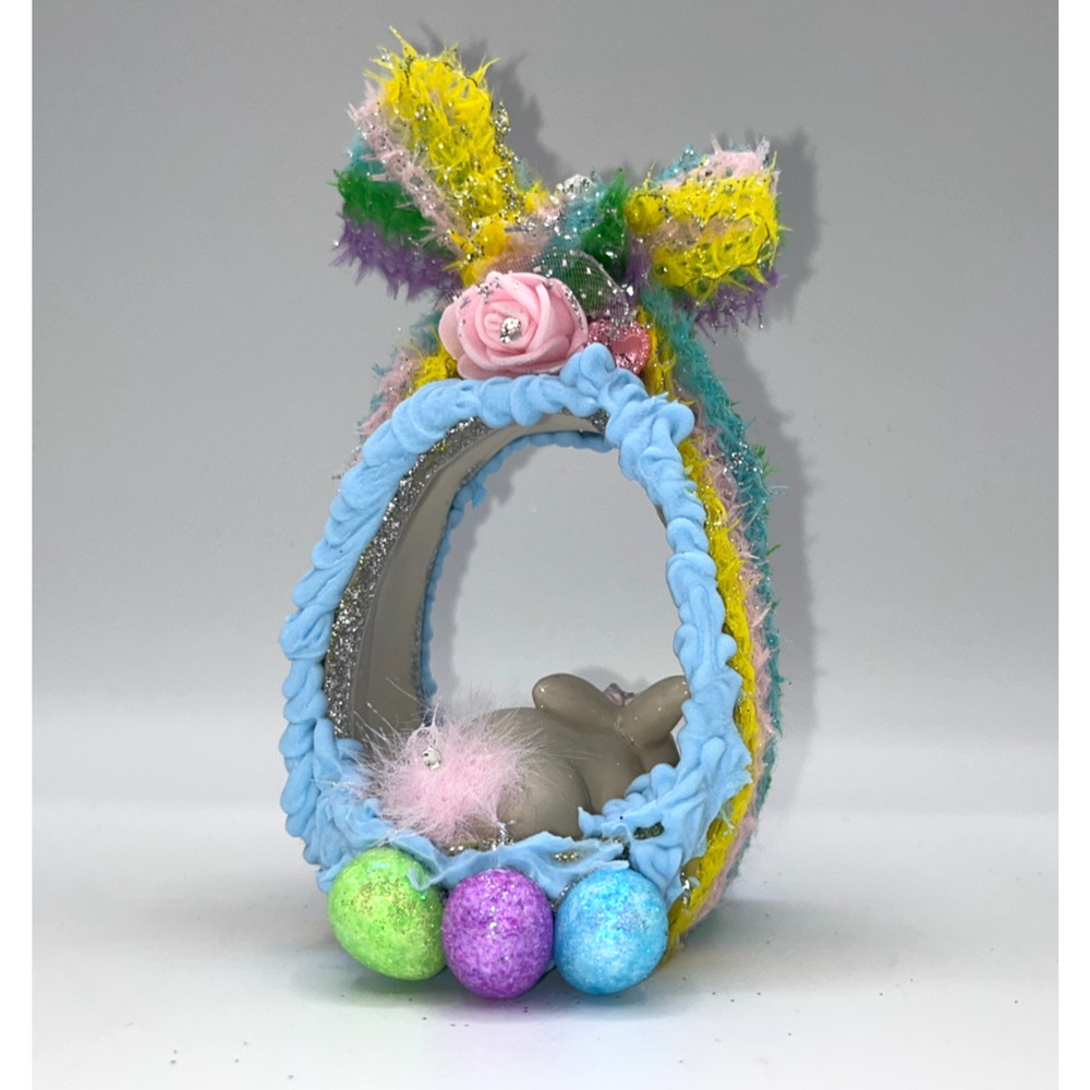 Vintage Ceramic Ornament Bunny Diorama Egg Greenbrier Pastel Eggs Flowers OOAK - Picture 6 of 13